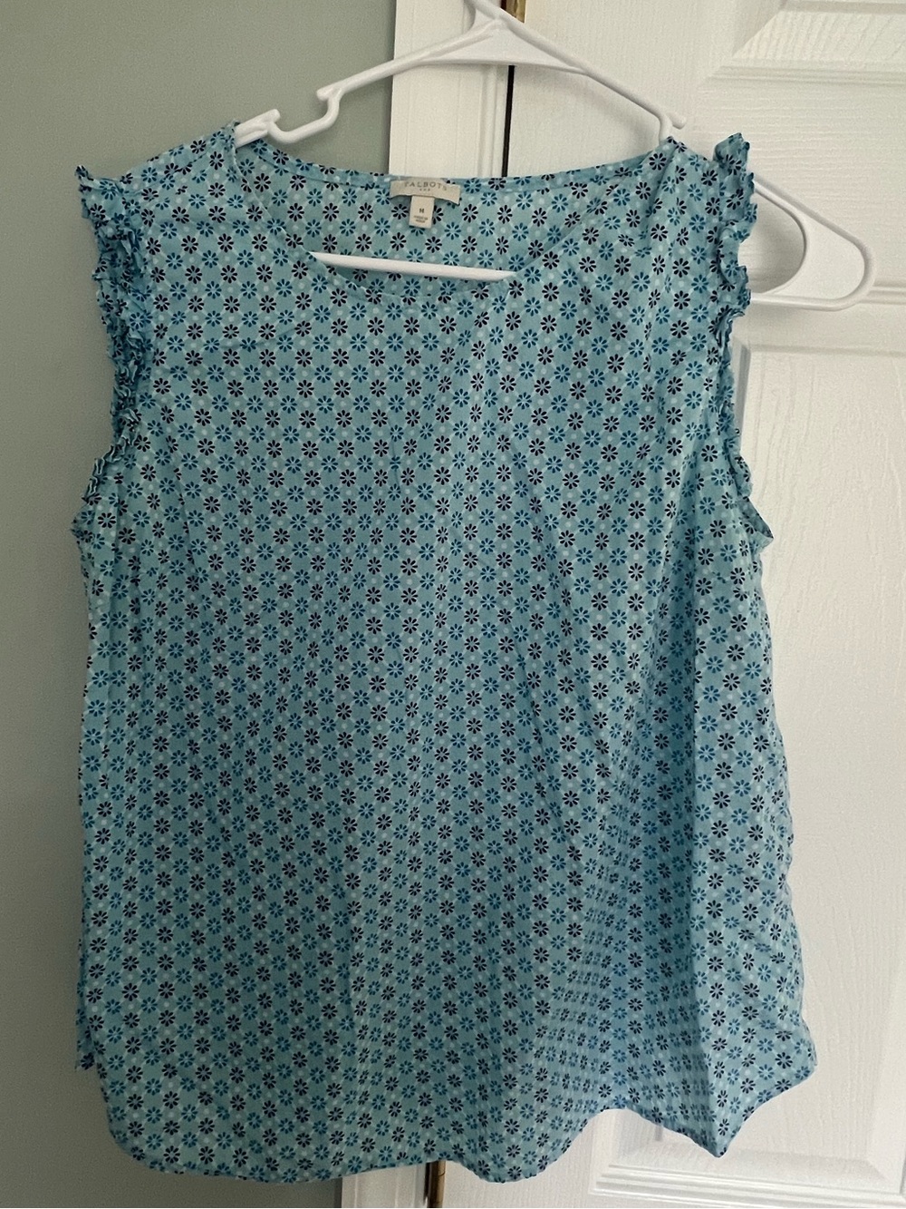 Talbots Light Blue Floral-Print Sleeveless Ruffle Top
